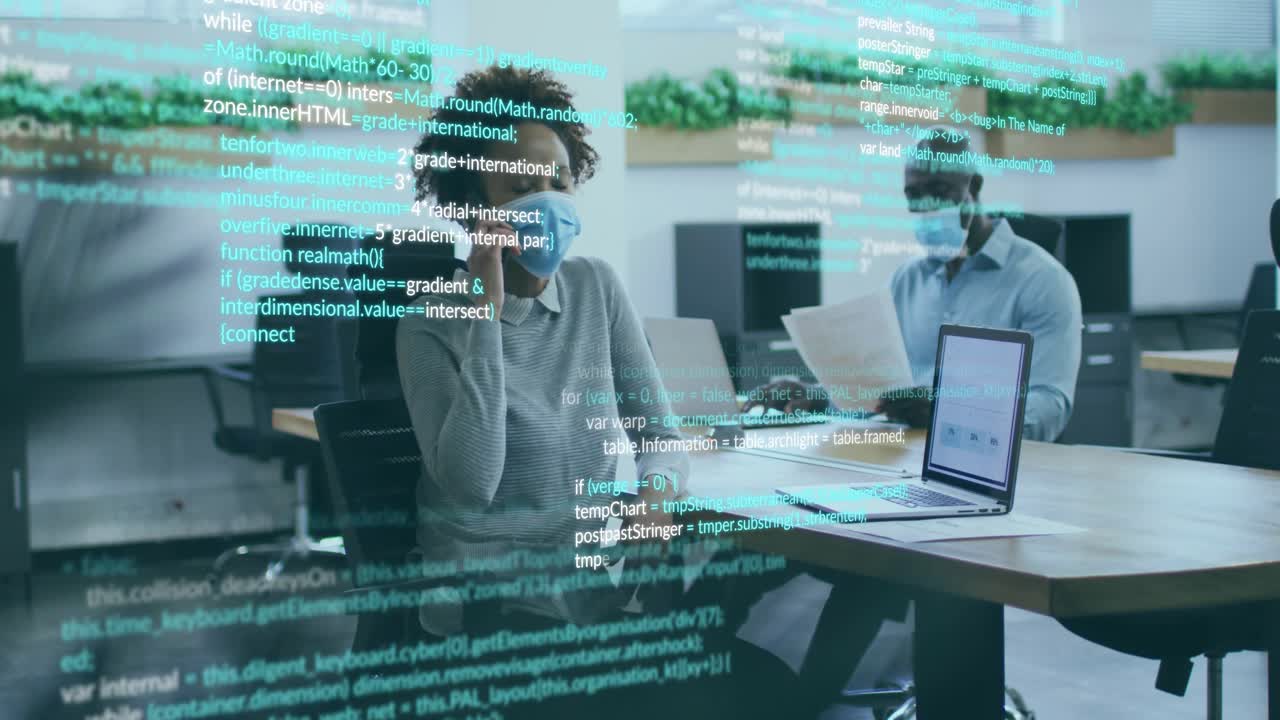 Woman making phone call and starting cybersecurity code overlay while peer behind reviewing report