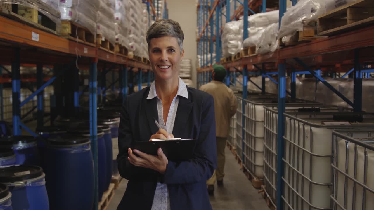 Manager donna che controlla le scorte in un magazzino 4k