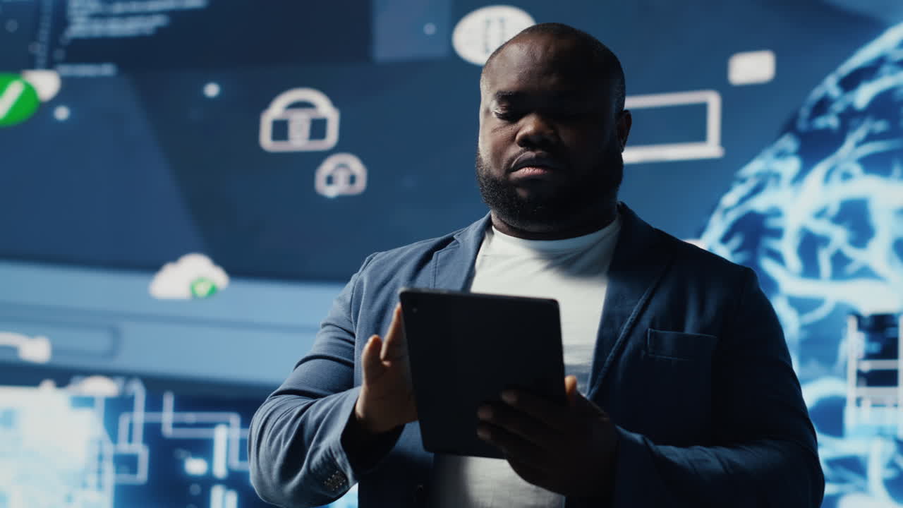 African american IT specialist ensuring futuristic AI brain in the background