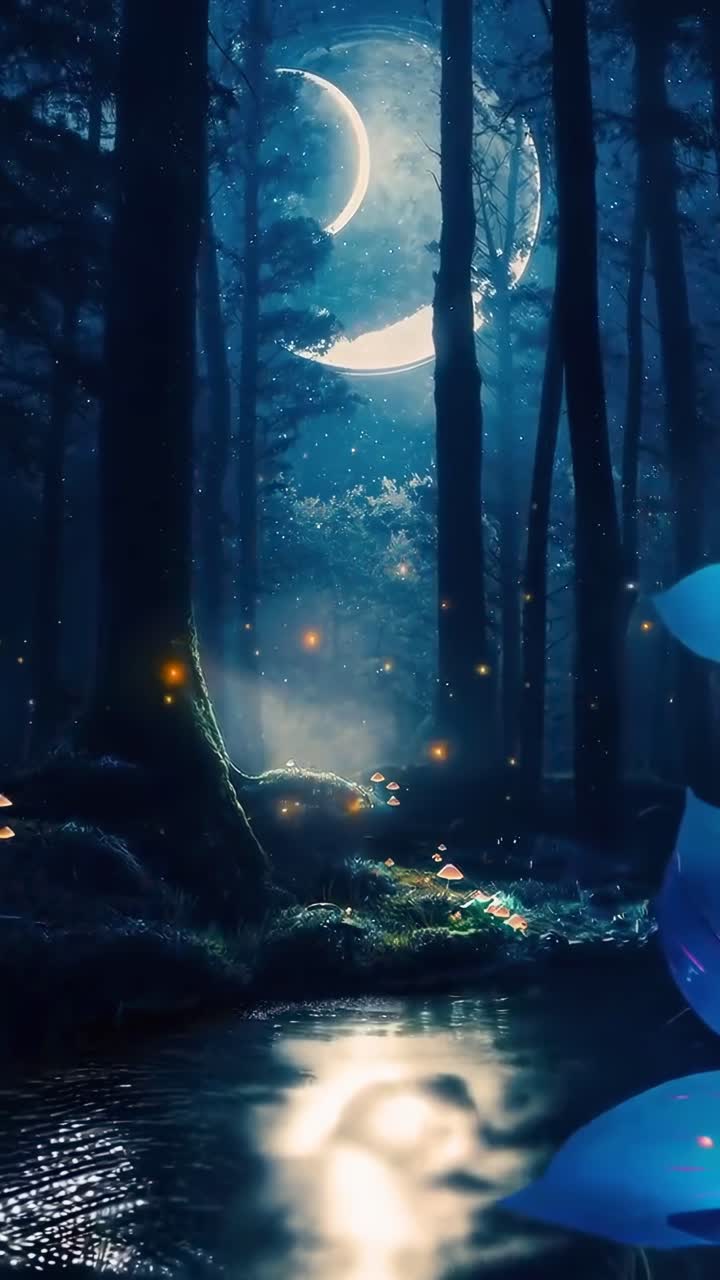 Incantevole scena di bosco con flora luminosa, ripresa da un'angolazione bassa, ideale per video fantasy