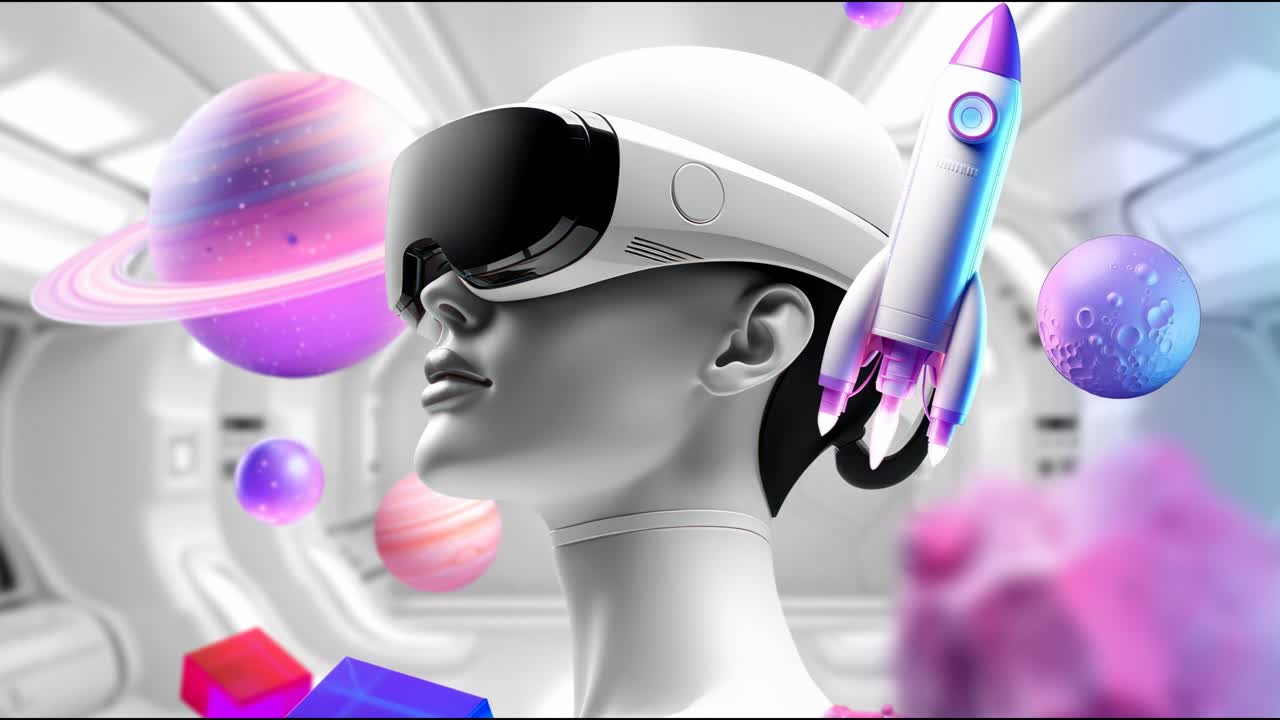 Futuristic video concept with a side profile of a person in VR goggles, surrounded by colorful