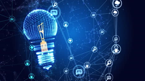 animación de una red de iconos digitales sobre el icono de la bombilla eléctrica contra un fondo azul