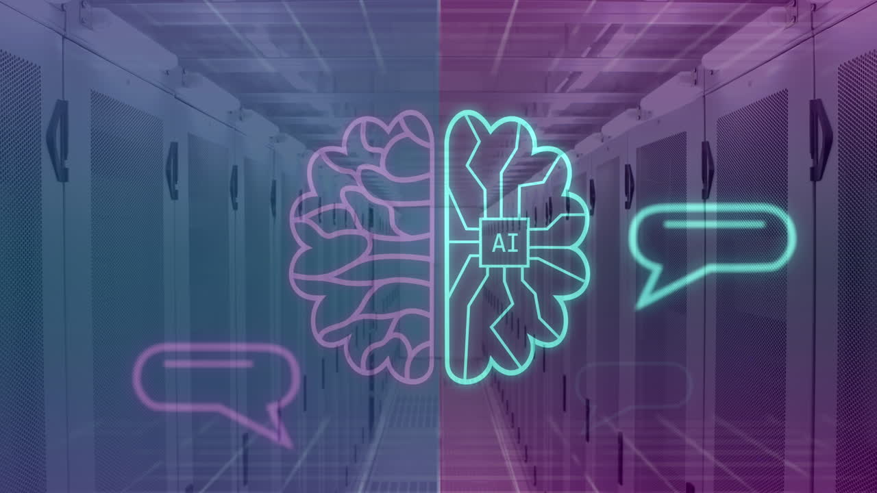 Animation of ai text and icon, data processing over computer servers