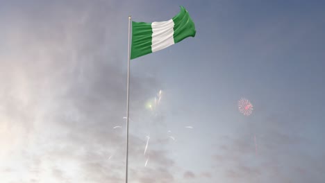 bandera de nigeria con fuegos artificiales en el fondo