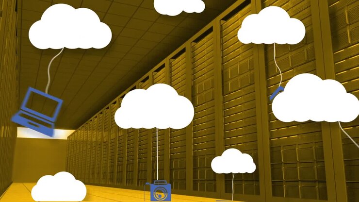 Animation of digital clouds with icons over computer servers