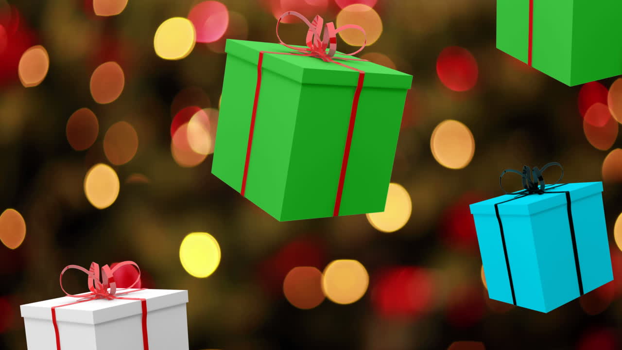 animación de regalos que caen sobre las luces de hadas en navidad