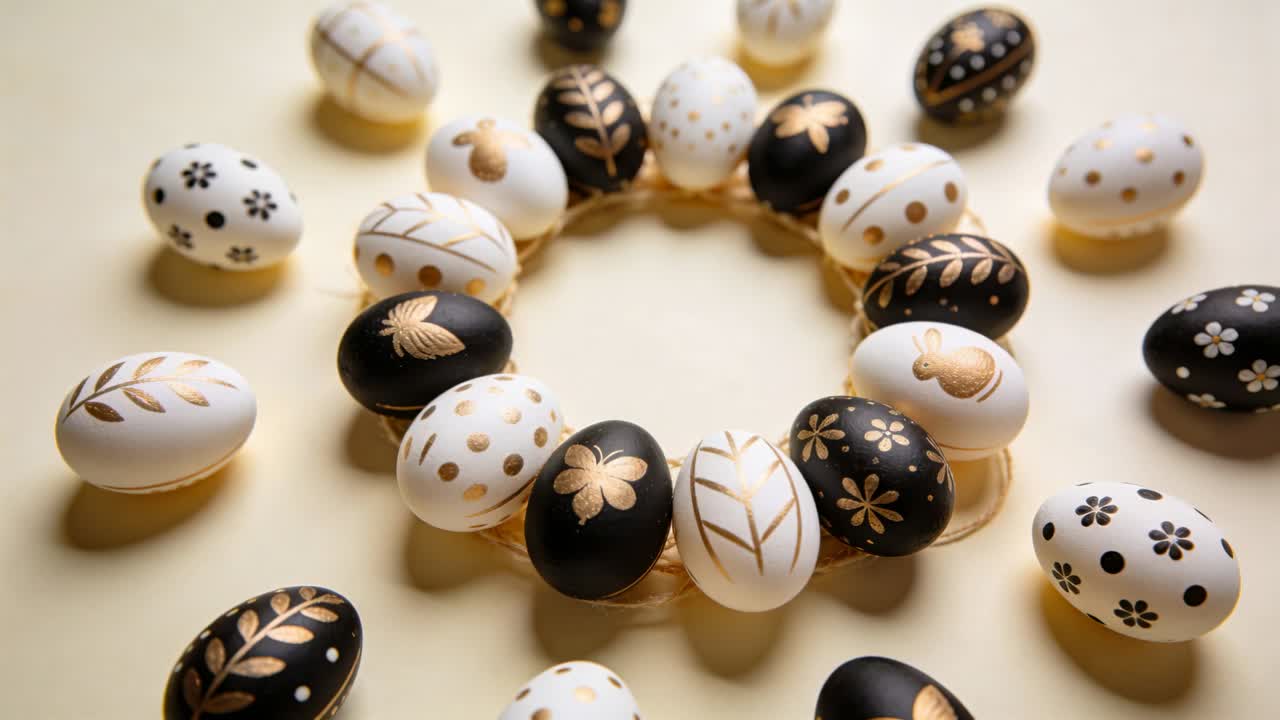 Pulling and rotating camera revealing eggs wreath on clear ring showing gold motifs on yellow table