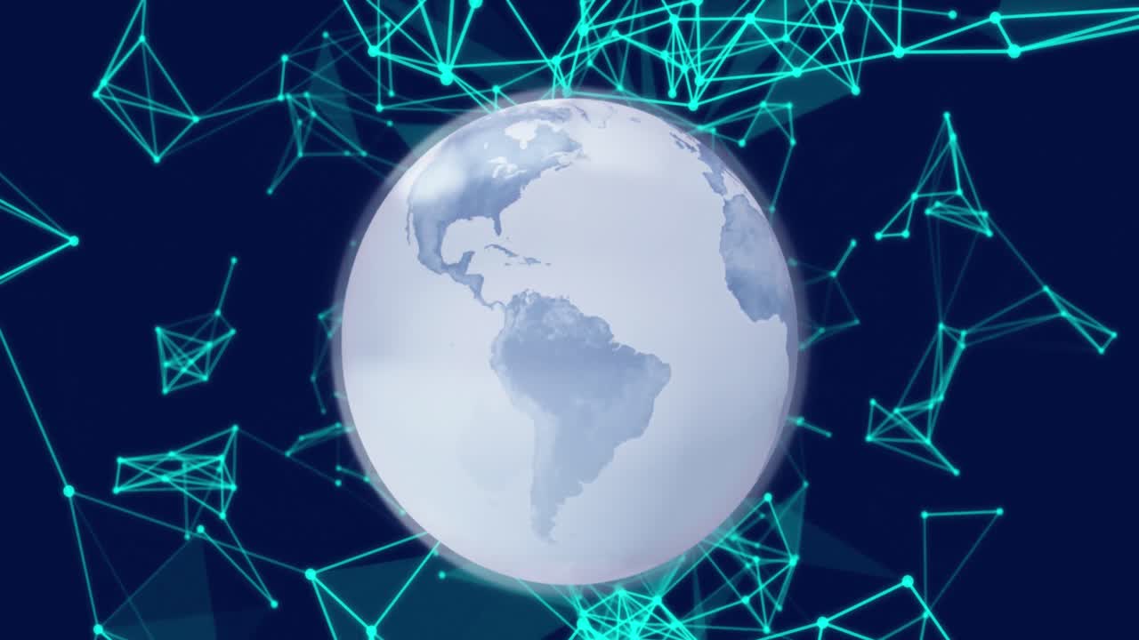 animación de la tierra girando y gráficos de red en el fondo