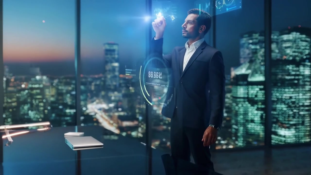 Empresario con interfaz de datos holográfica en oficina moderna