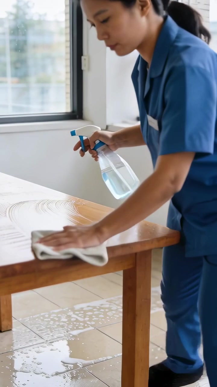 Vertical video: Entering woman in blue uniform spraying wiping table with cloth to clean by windows