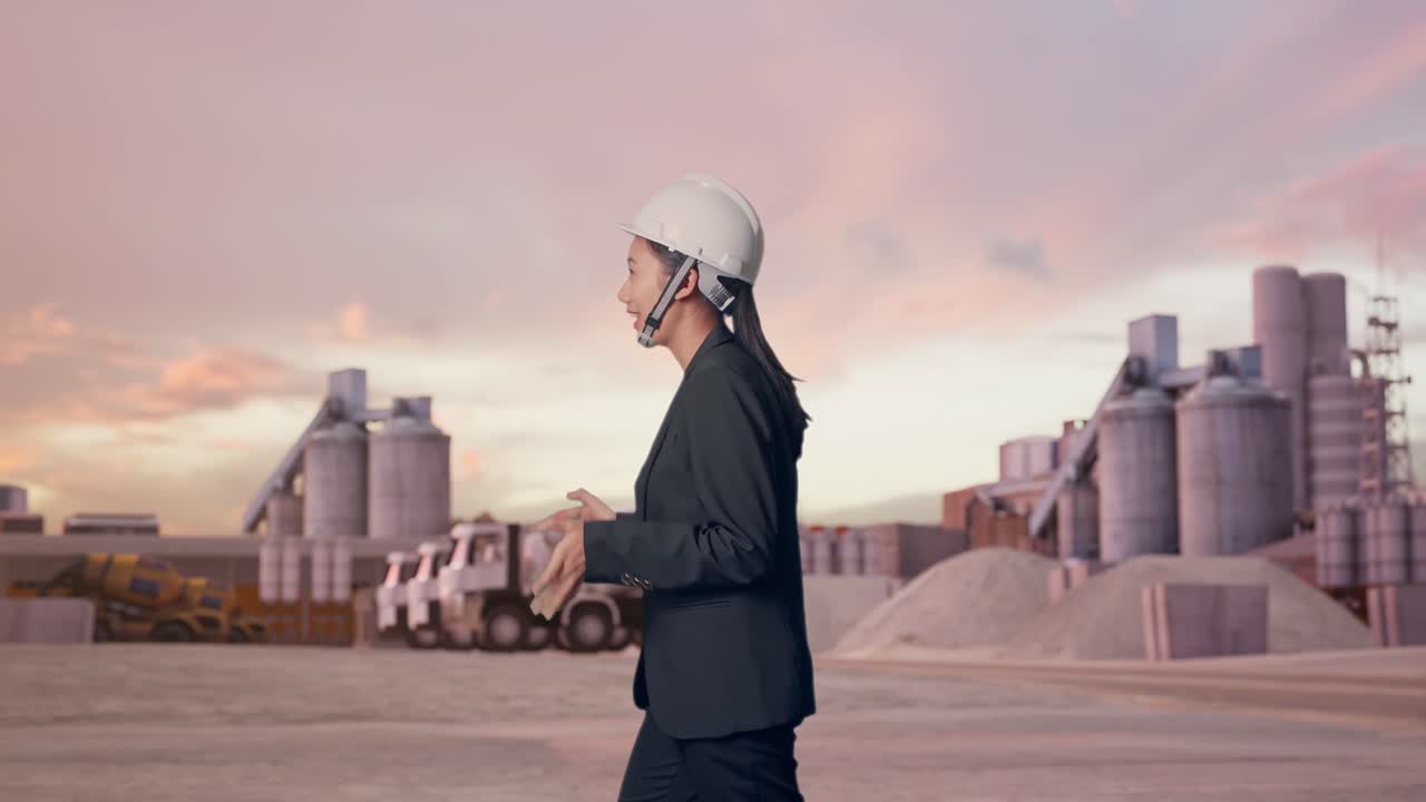 Vista lateral de empresaria asiática caminando y hablando en una planta de cemento industrial al atardecer.