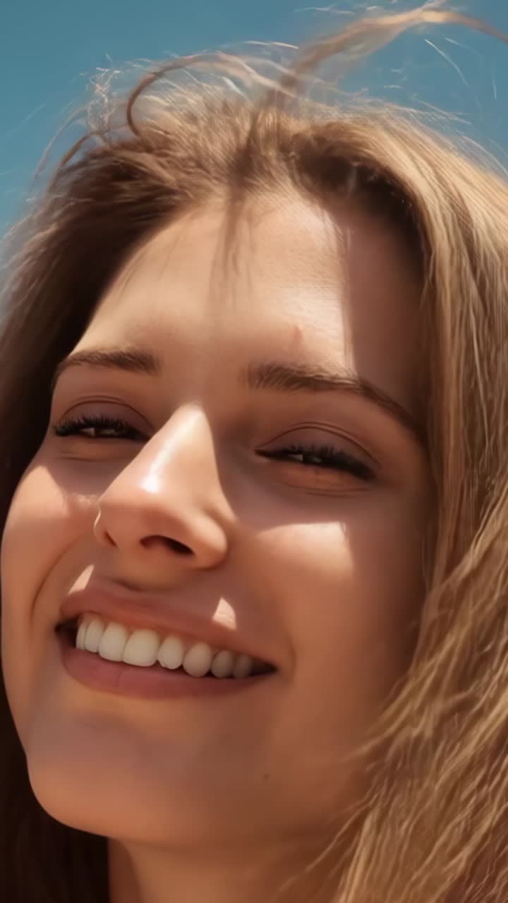 Vertical video: Wind gusting outdoors sweeping woman's hair across face and waning revealing smile