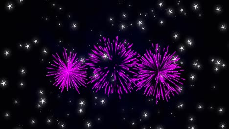 Animation-of-pink-christmas-and-new-year-fireworks-exploding-in-starry-night-sky