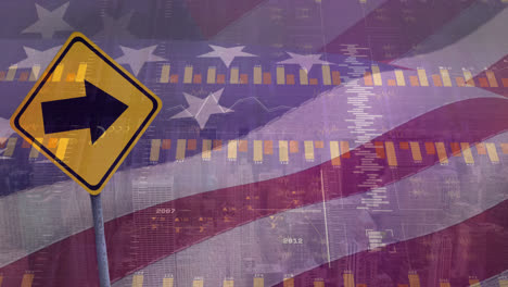 animation of financial data processing over road sign, flag of usa and cityscape