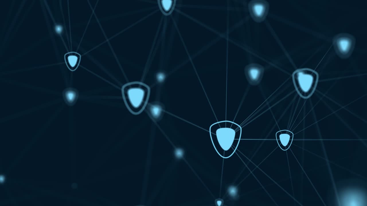 Cyber security concept. Personal data protection. Network connection structure with shields. Digital background with dots and lines. Big data visualization. 3D rendering.