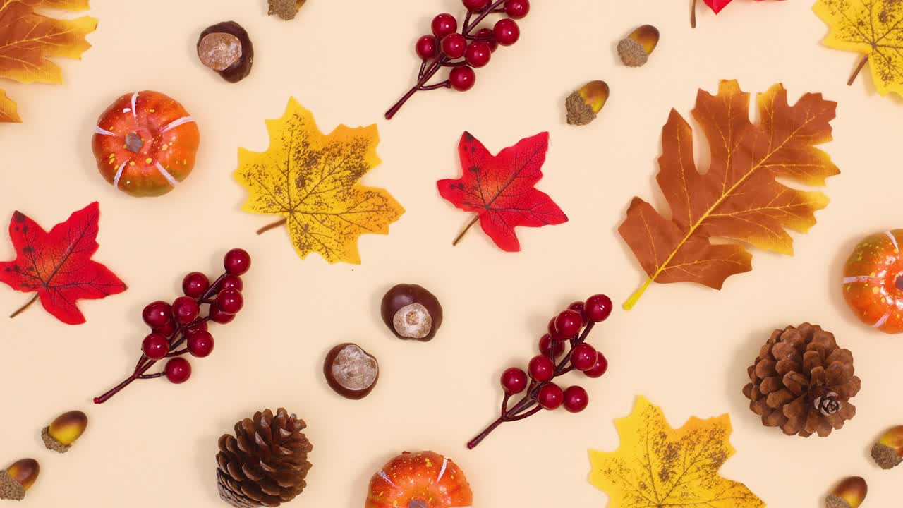 Pale of autumn decorations make creative autumn pattern. Stop motion