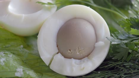 close-up of a boiled egg with parsley and dill