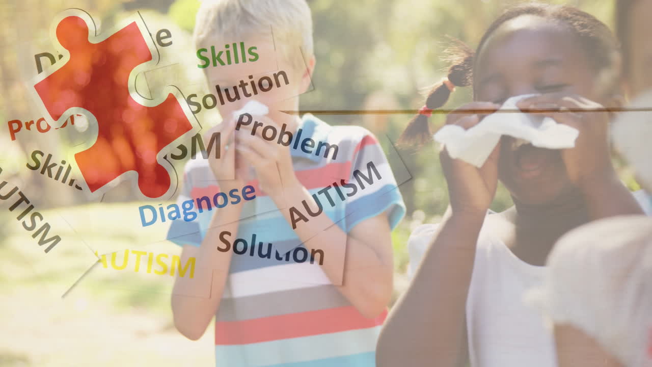 다채로운 퍼즐 조각과 자폐증 텍스트의 애니메이션 아이들의 친구들이 재채기하는 코