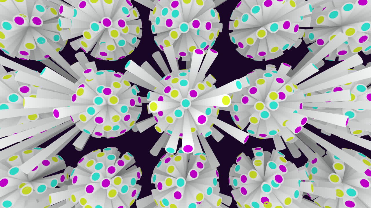 A visually engaging 3D representation of a spiraling polka dot pattern, with colored dots arranged in concentric circles from large at the center to small at the edges