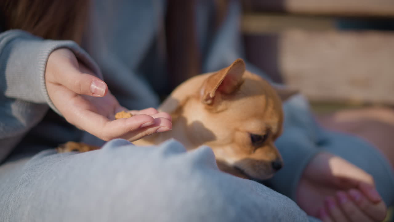 소녀와 작은 애완동물 사이의 평온한 순간, 소녀가 무릎에 앉은 치와와에게 간식을 주는 친밀한 장면, 소녀가 차분한 분위기 속에서 작은 강아지에게 부드럽게 간식을 건네는 다정한 모습