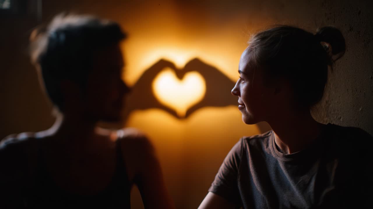 A Heartfelt Connection: Two Friends Sharing an Intimate Moment with Shadow Hearts Illuminated in a Warm Atmosphere, Capturing the Essence of Friendship and Love