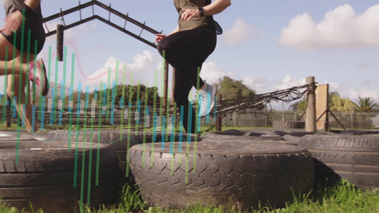 Exercising on tires, person with animation overlay in outdoor environment