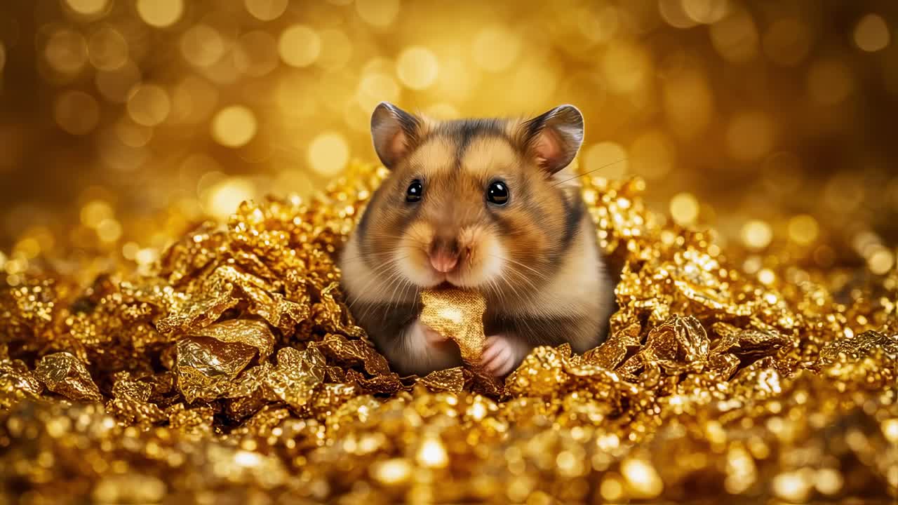 A delightful little hamster is happily munching on a tasty snack while nestled in a cozy, golden pile in its home