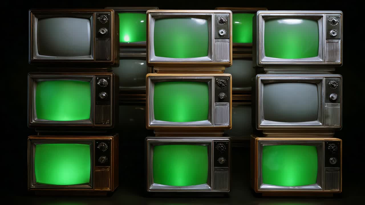 A Vintage Display of Retro Televisions with Green Screens: A Captivating Arrangement of Classic TVs Showcasing Their Unique Charm and Timeless Appeal Against a Dark Background
