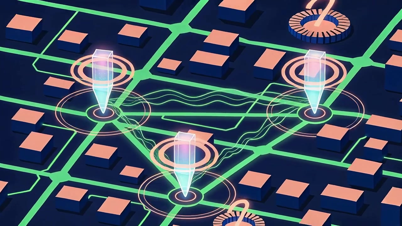 Sending three prismatic markers emitting wavy data links across isometric city map, camera nudging