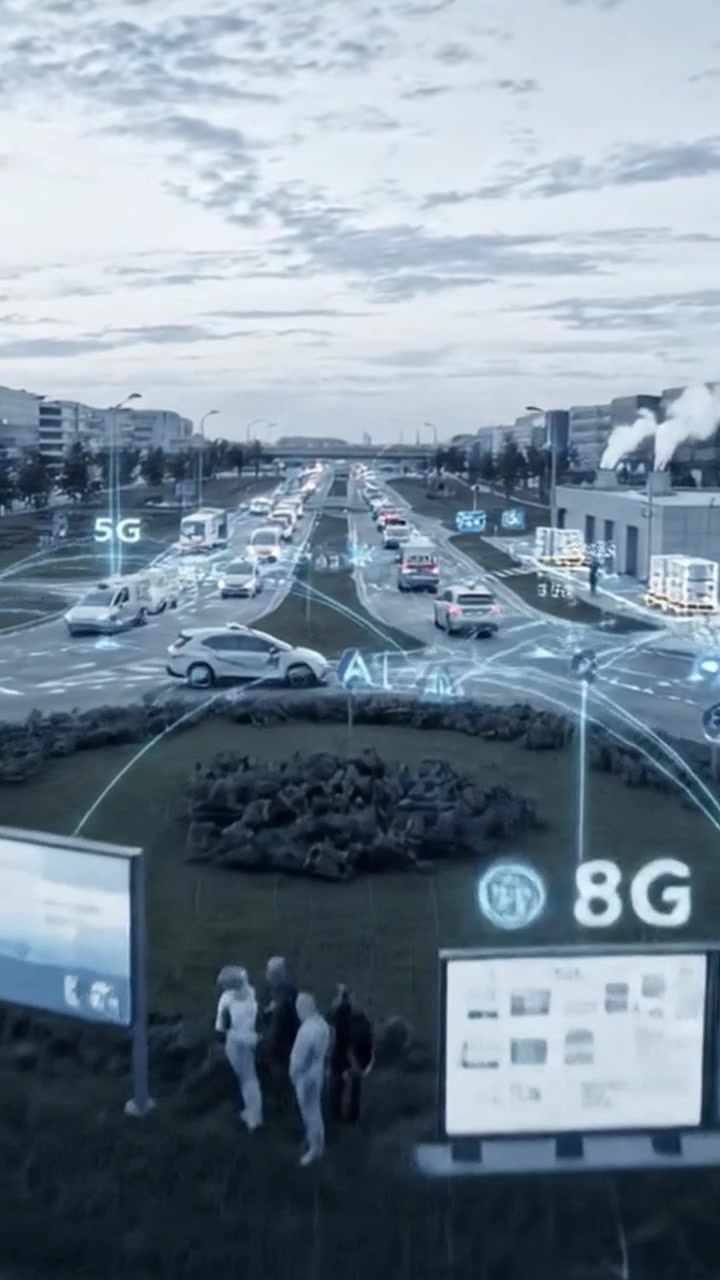 Vista aerea di un incrocio urbano futuristico con veicoli autonomi e tecnologia stradale intelligente, che evidenzia una nuova era di soluzioni di trasporto e mobilità.