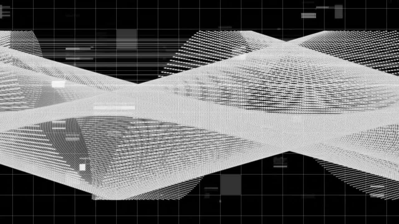 Animazione di rete glitch digitale con linee in movimento e intersecanti su sfondo grigio.