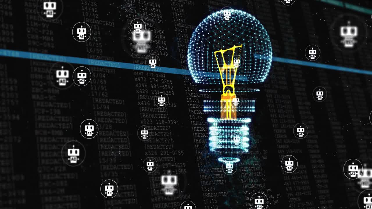 Animation of light bulb, connections with chatbot icons and data processing