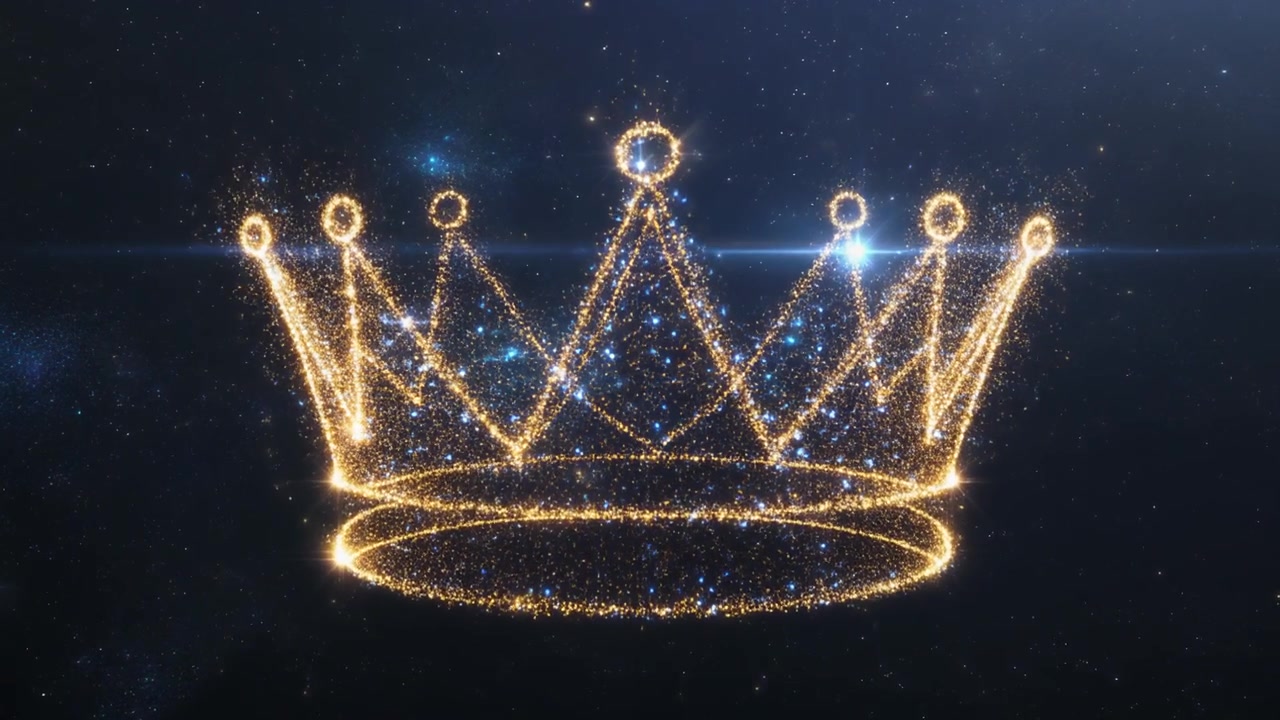 별이 빛나는 우주 배경의 황금빛 반짝이는 왕관 애니메이션