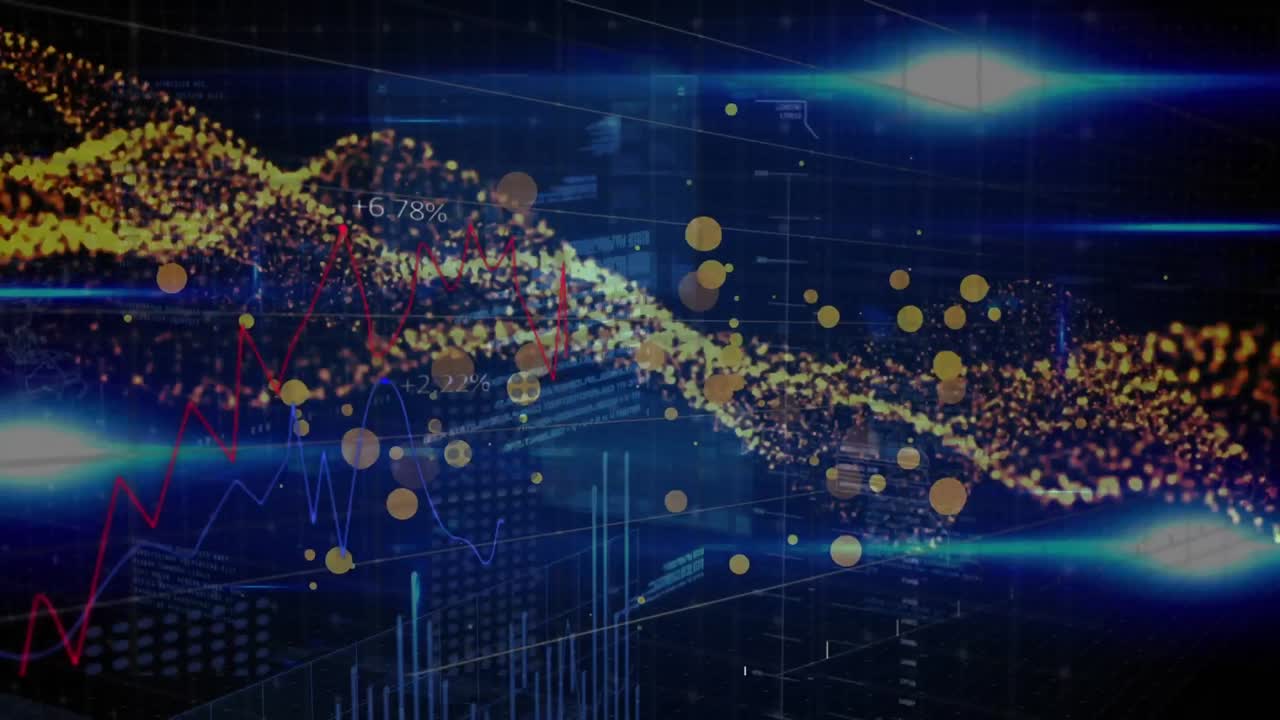 검은색 배경에 금융 데이터 처리에 대한 빛의 점의 애니메이션