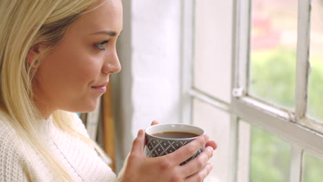 una hermosa mujer joven disfrutando de una taza caliente