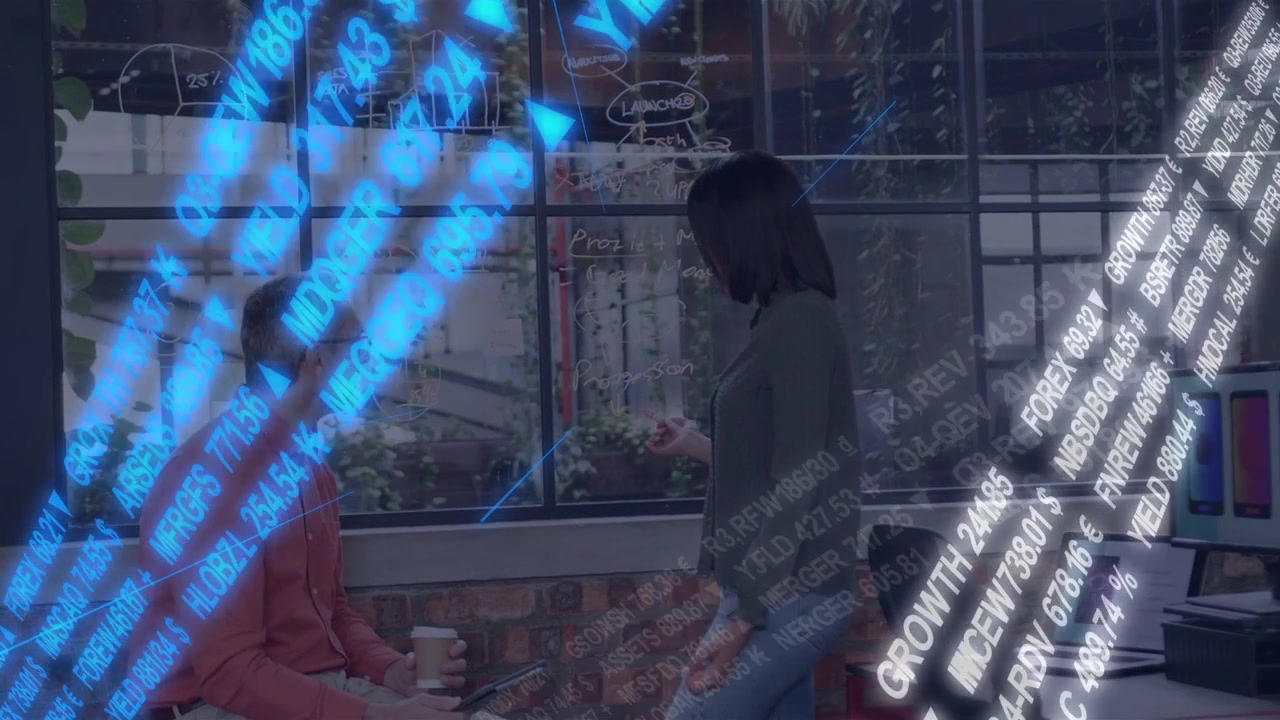 Woman presenting phone sharing finance charts while man sitting holding coffee, AR ticker sweeping