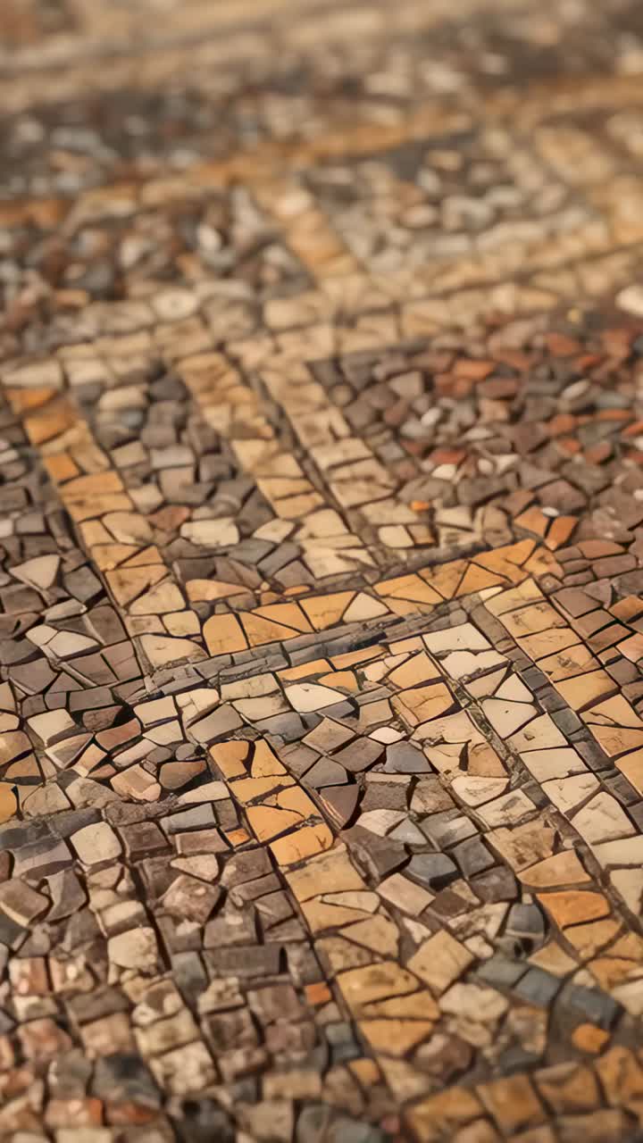 Vertical video: Panning camera revealing mosaic floor medallion in museum, showing tesserae detail