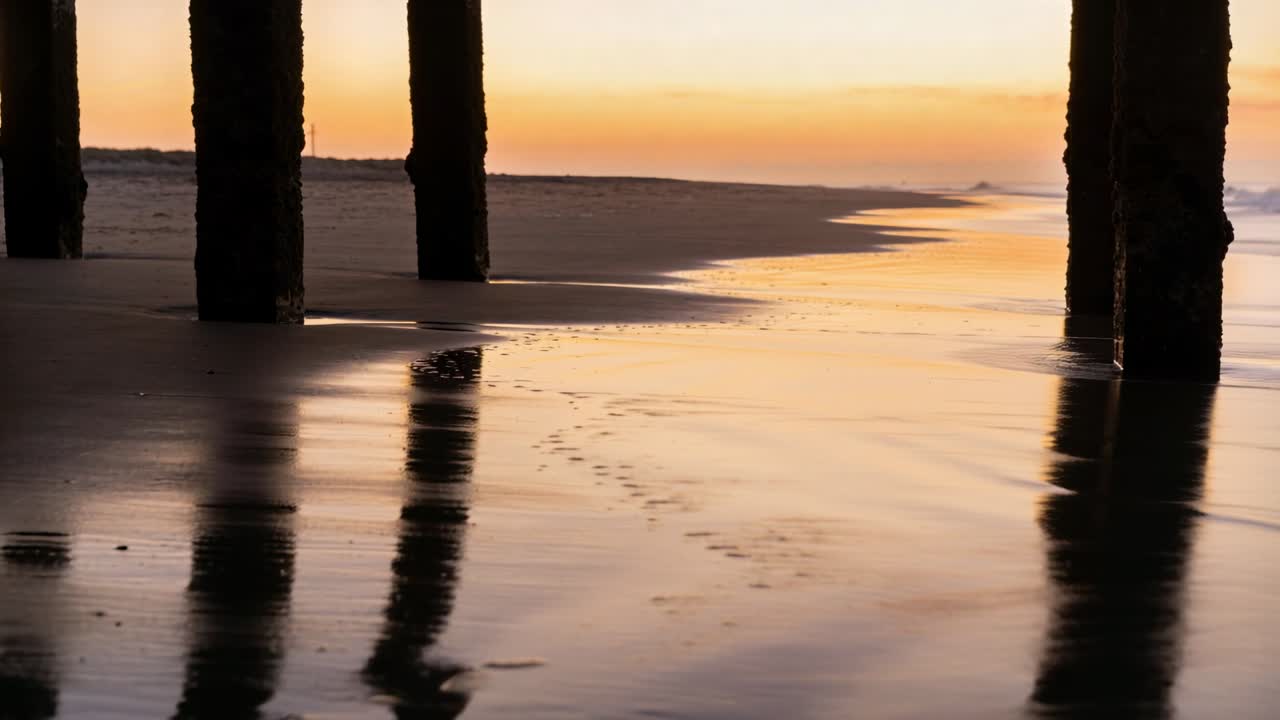Framing pier pilings reflecting on wet sand under pier at dusk, tide nudging shell toward waterline