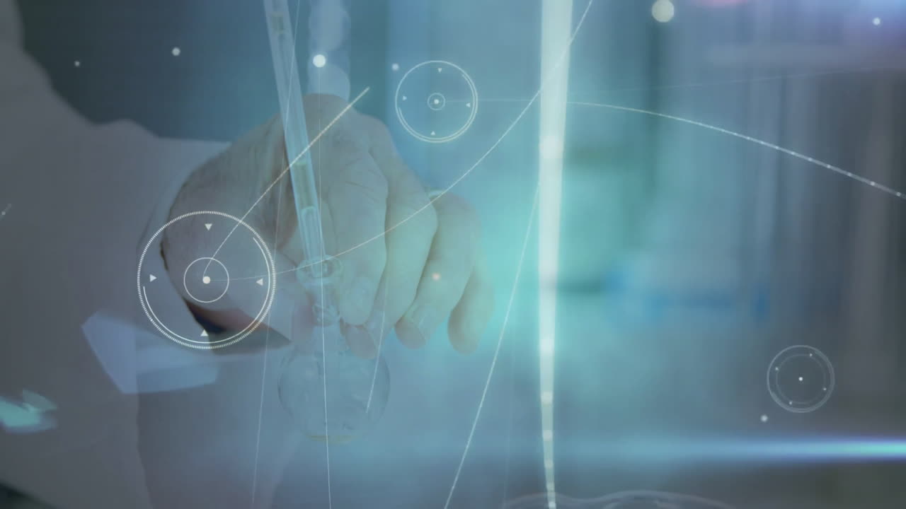 Hand holding pipette over scientific data processing animation in laboratory setting