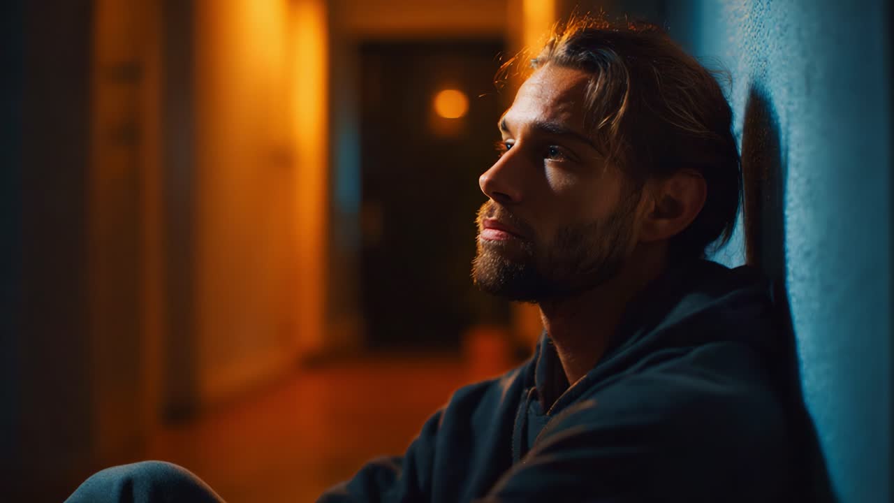 A contemplative moment in a dimly lit hallway, showcasing a man deep in thought as shadows play against the walls, evoking a sense of introspection and solitude