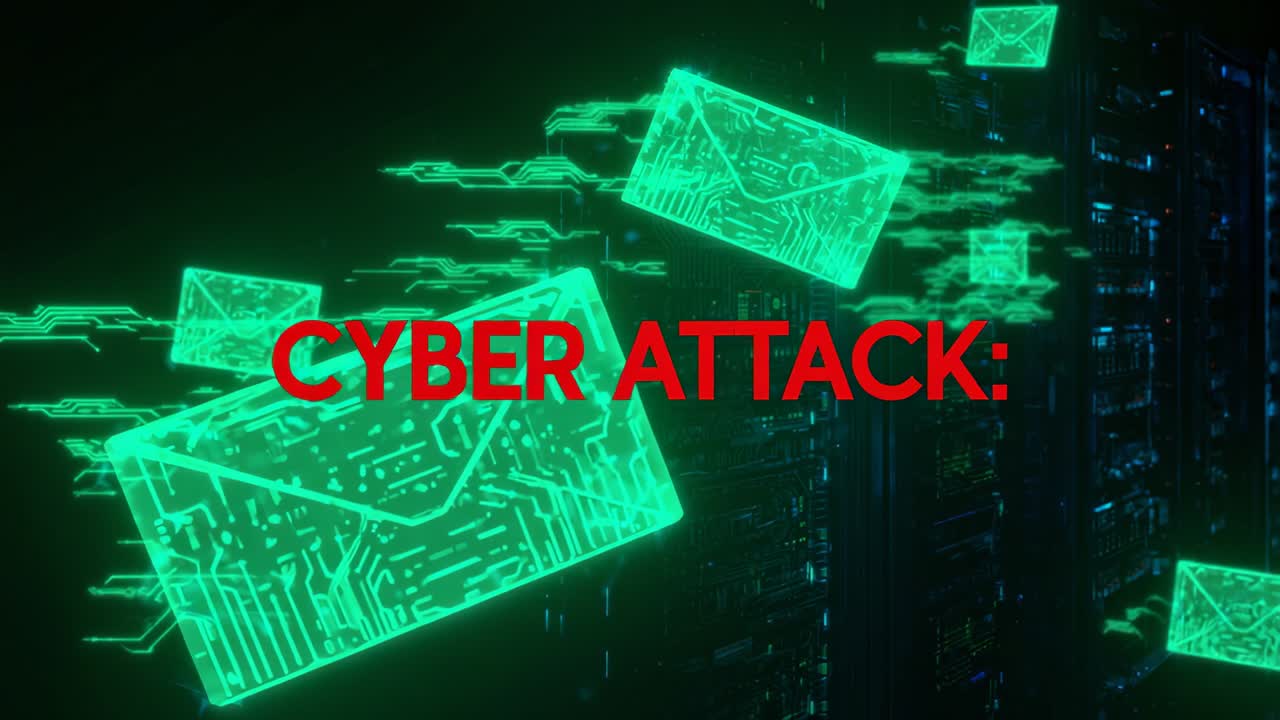 Red text appearing, envelope icons turning green and racing past server racks in data center