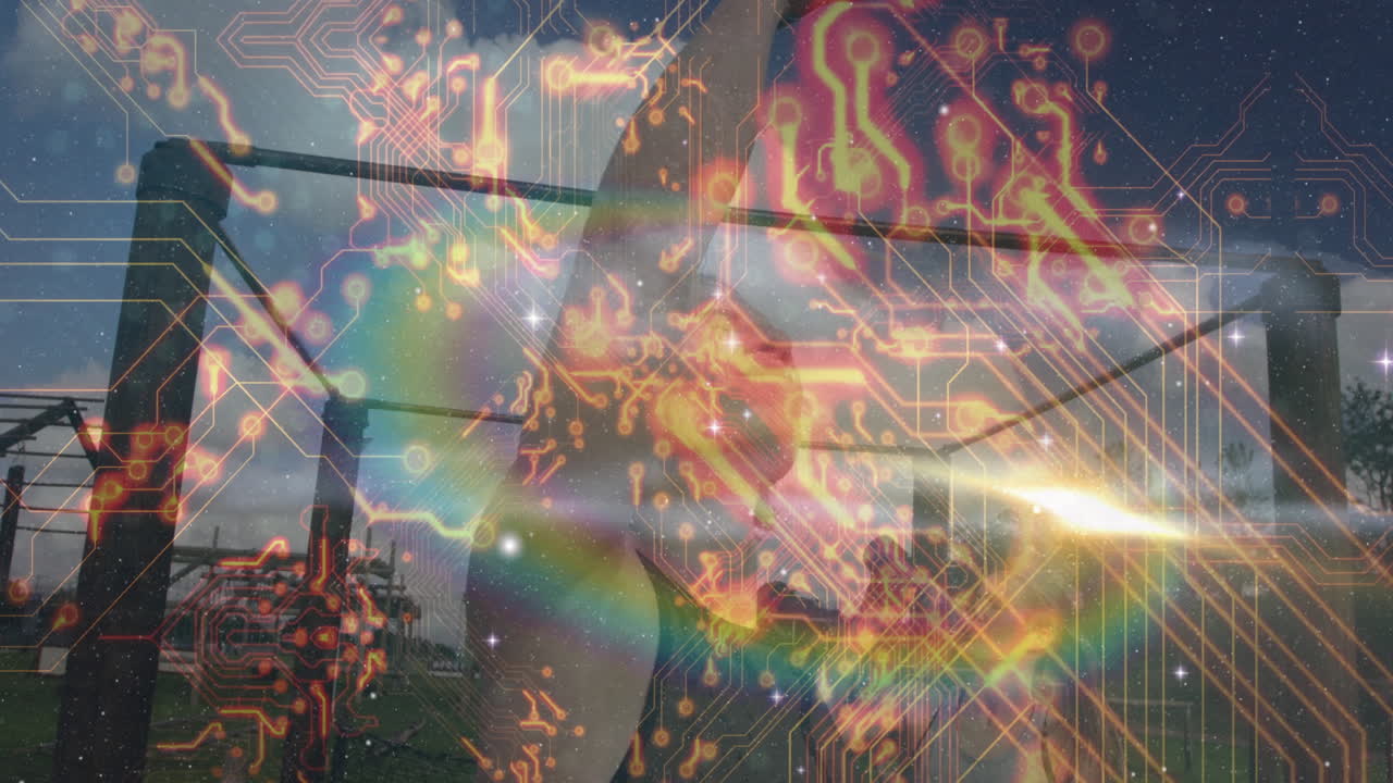 Exercising outdoors, person surrounded by animation of circuit pattern and rainbow lights