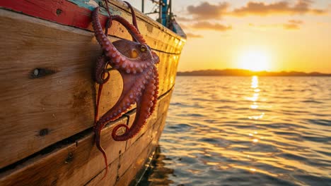 a stunning sunset view featuring an octopus clinging to a fishing boat, bathed in warm golden light reflecting on calm waters