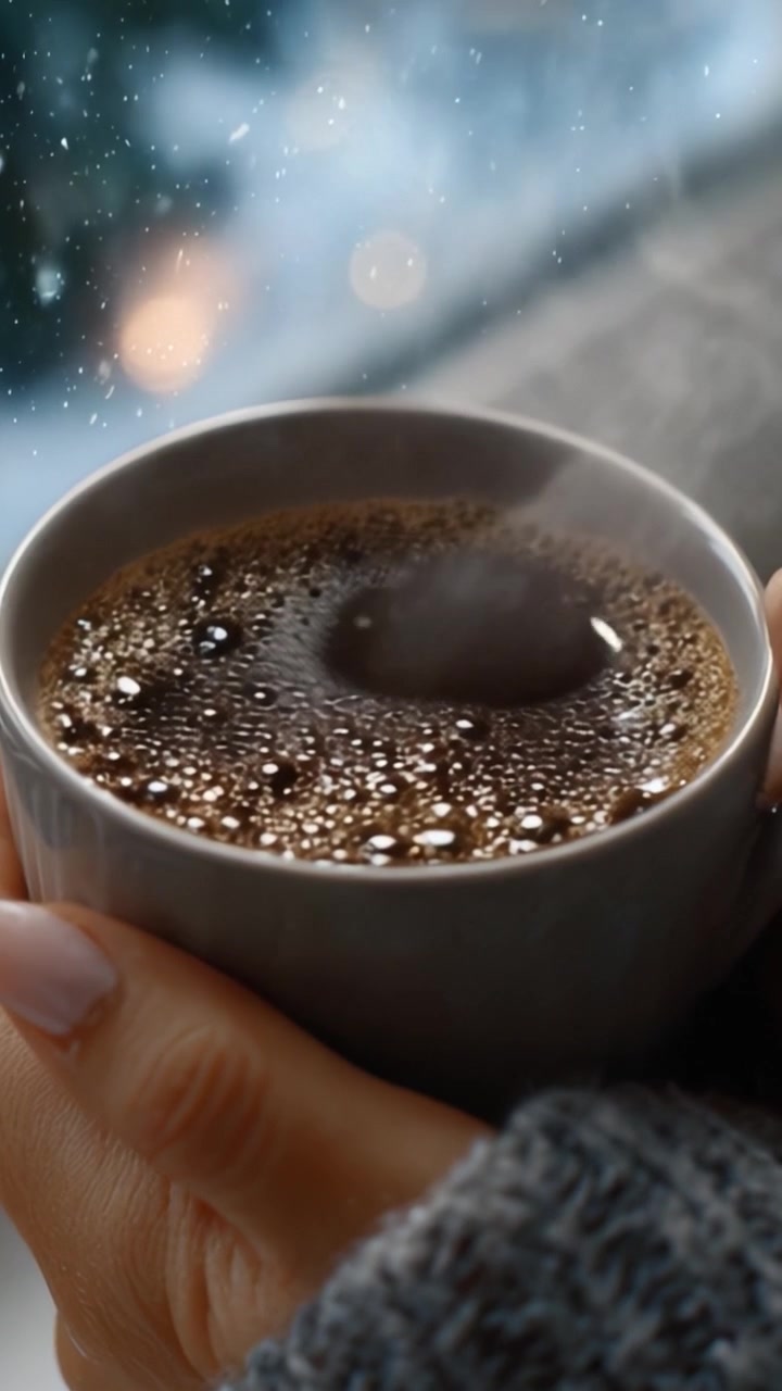 Caldo abbraccio: una tazza di caffè fumante in un'atmosfera accogliente, perfetta per il relax e il piacere durante le fredde giornate invernali piene di serena neve