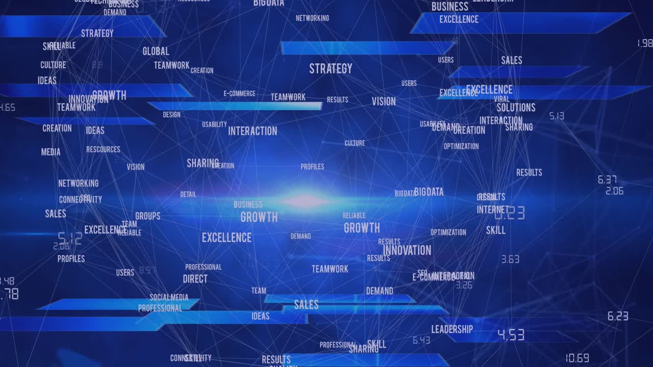 Animation of globe of business concept texts and light spot against blue background