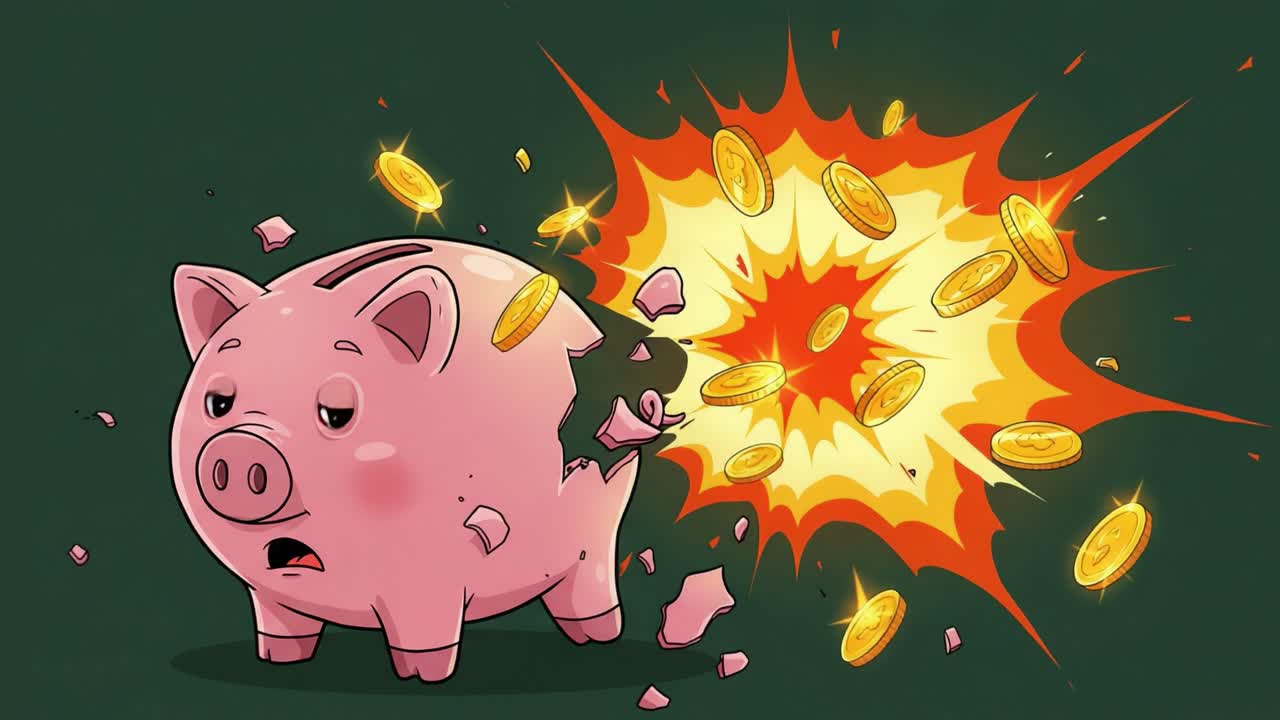 A cartoon piggy bank dramatically bursting with coins, showcasing the chaotic moment of financial overflow and unexpected surprises in a colorful, animated style