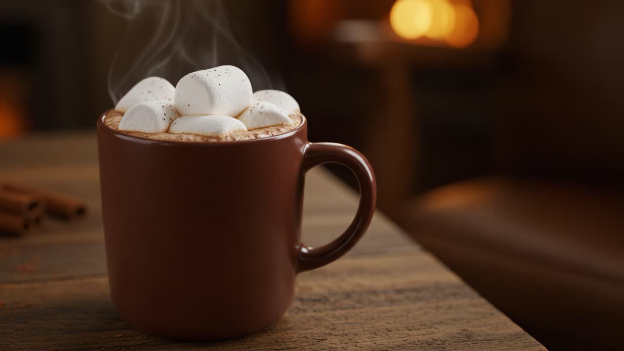 A cozy mug of hot chocolate with marshmallows in a warm setting