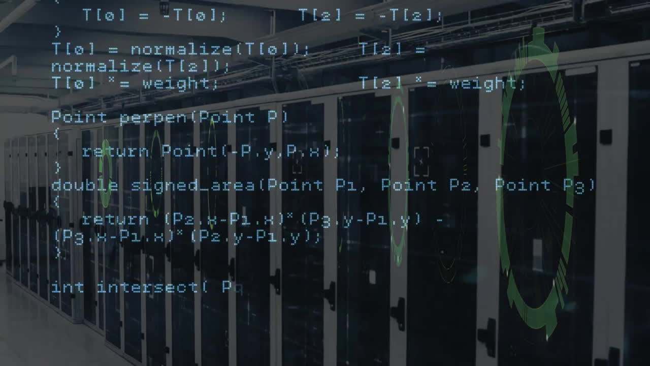 animación de la codificación de datos y escáner circular sobre la sala del servidor