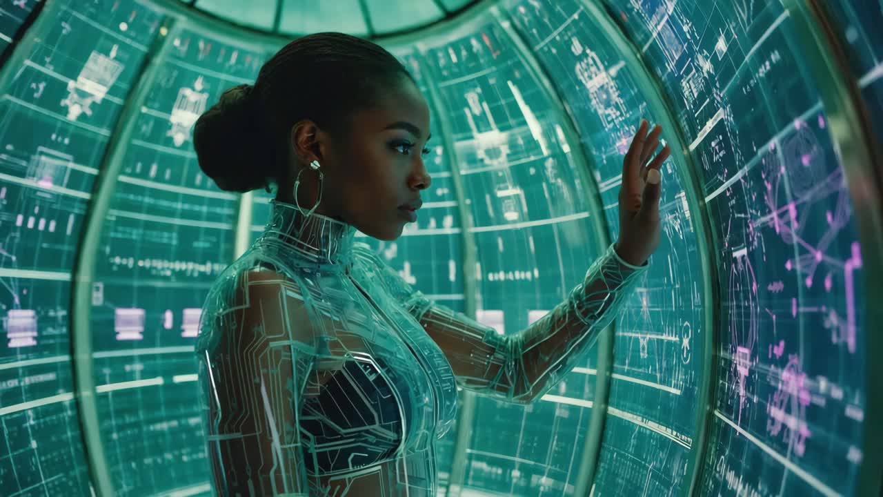 Futuristic Woman Interacting with Digital Interface