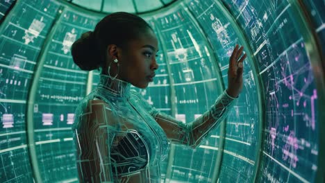 futuristic woman interacting with digital interface
